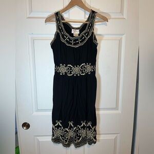 Oasis Black Midi Dress with Intricate Cream Accents